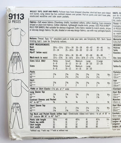 SIMPLICITY Sewing Pattern 9113, Tops, Skirts, Pants, Yoke, Contrast, Ribbed Knit Bands, Size 10-16