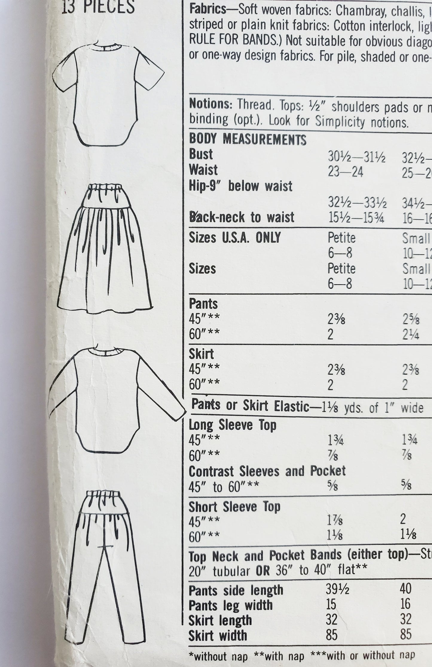 SIMPLICITY Sewing Pattern 9113, Tops, Skirts, Pants, Yoke, Contrast, Ribbed Knit Bands, Size 10-16