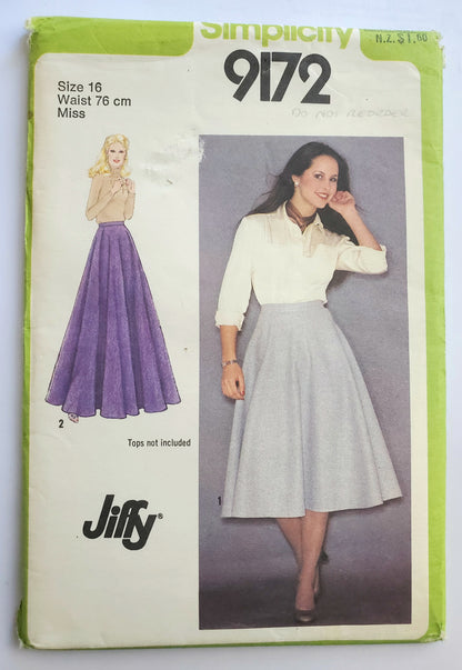 SIMPLICITY Sewing Pattern 9172, 80's, Jiffy, Jiffy Skirt, Flared, Maxi Skirt, Size 16