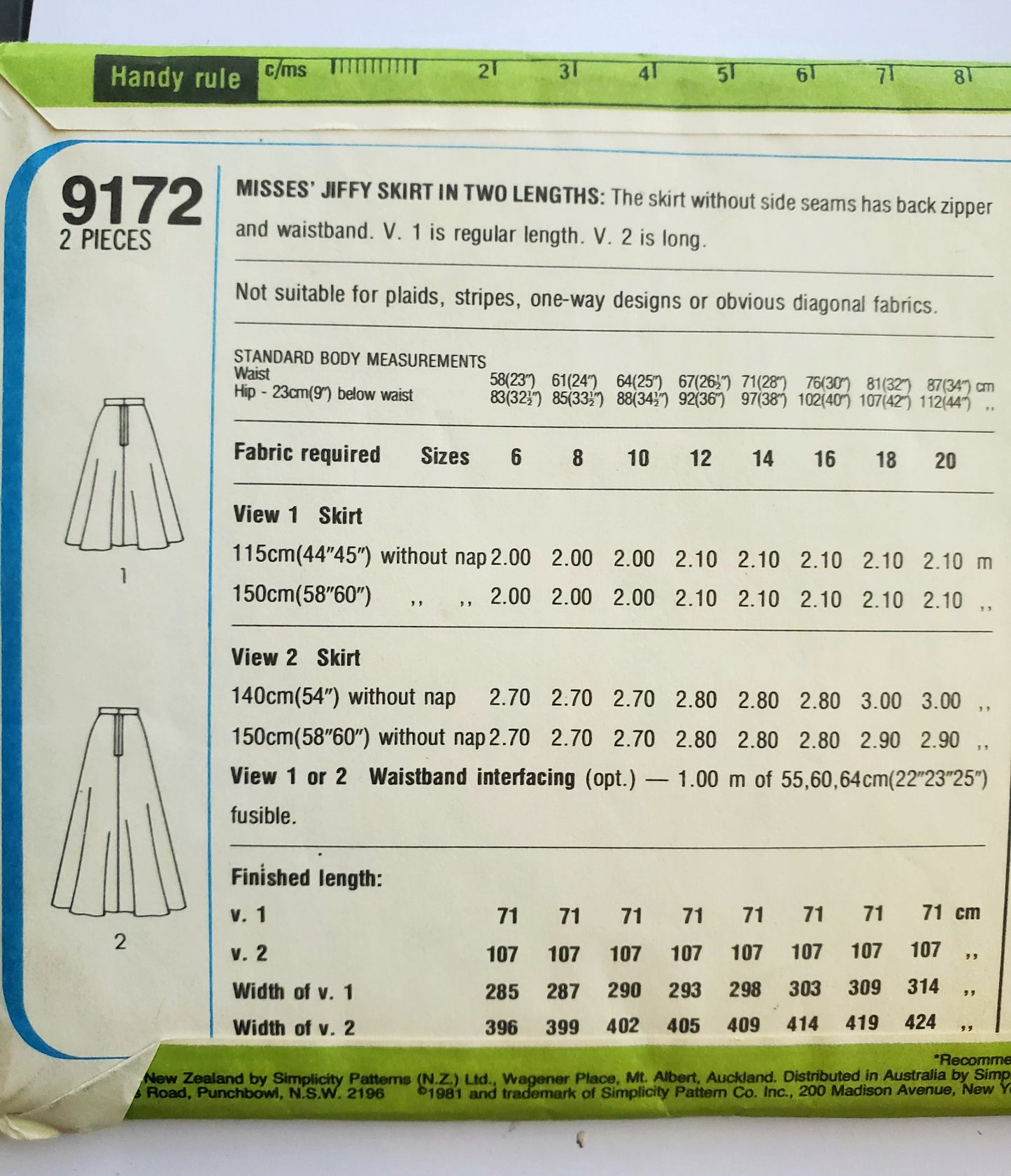 SIMPLICITY Sewing Pattern 9172, 80's, Jiffy, Jiffy Skirt, Flared, Maxi Skirt, Size 16