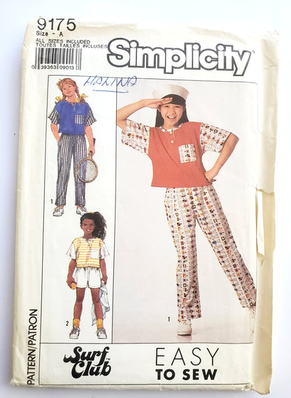 SIMPLICITY Sewing Pattern 9175, Surf Club, Pants, Shorts, Top, Kids, Size 7-14