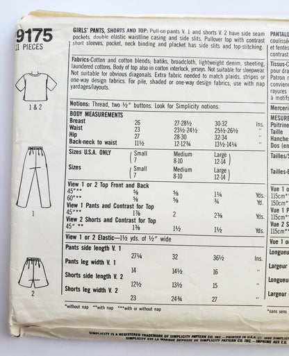 SIMPLICITY Sewing Pattern 9175, Surf Club, Pants, Shorts, Top, Kids, Size 7-14