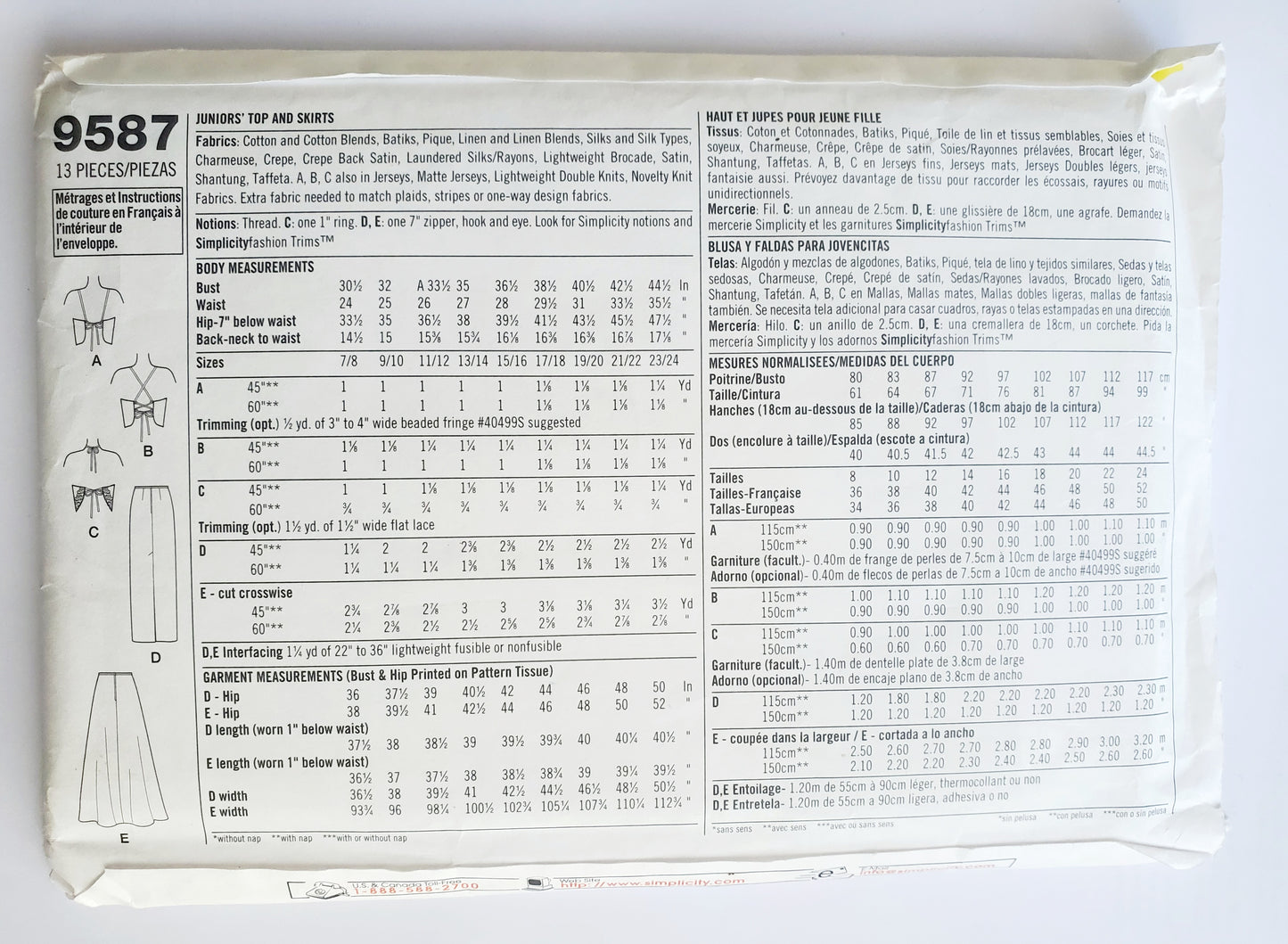 SIMPLICITY Sewing Pattern 9587, Top, Skirt, Prom Outfit, Junior, Teen, Girls, Size 7/8 - 15/16