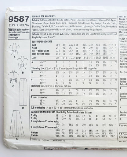 SIMPLICITY Sewing Pattern 9587, Top, Skirt, Prom Outfit, Junior, Teen, Girls, Size 7/8 - 15/16