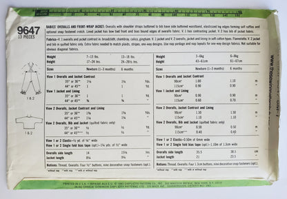 SIMPLICITY Sewing Pattern 9647, Infant, Baby, Overalls, Front-Wrap Jacket, Size 6 Months