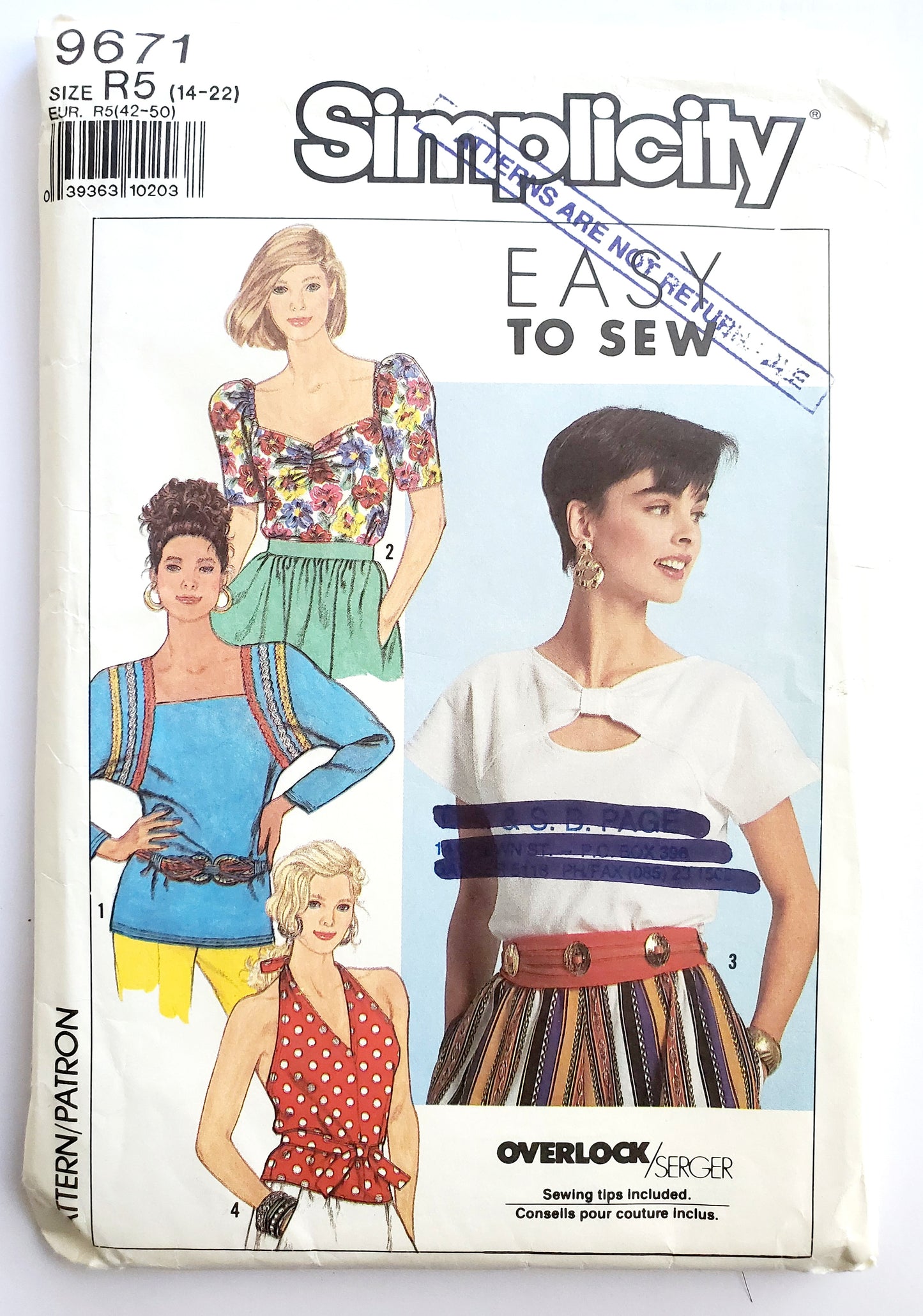 SIMPLICITY Sewing Pattern 9671, Top, Dolman Sleeves, Square Neckline, Cap Sleeves, Elasticized Shoulders, Waistline Ties, Size 14-22