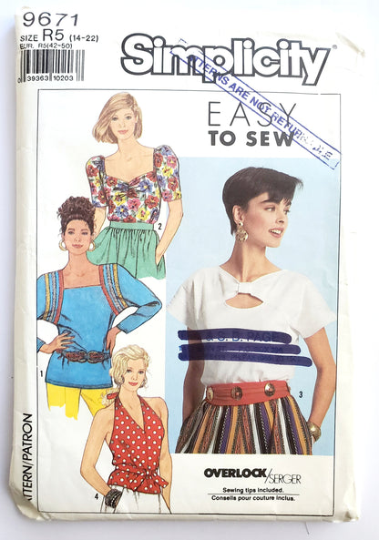 SIMPLICITY Sewing Pattern 9671, Top, Dolman Sleeves, Square Neckline, Cap Sleeves, Elasticized Shoulders, Waistline Ties, Size 14-22