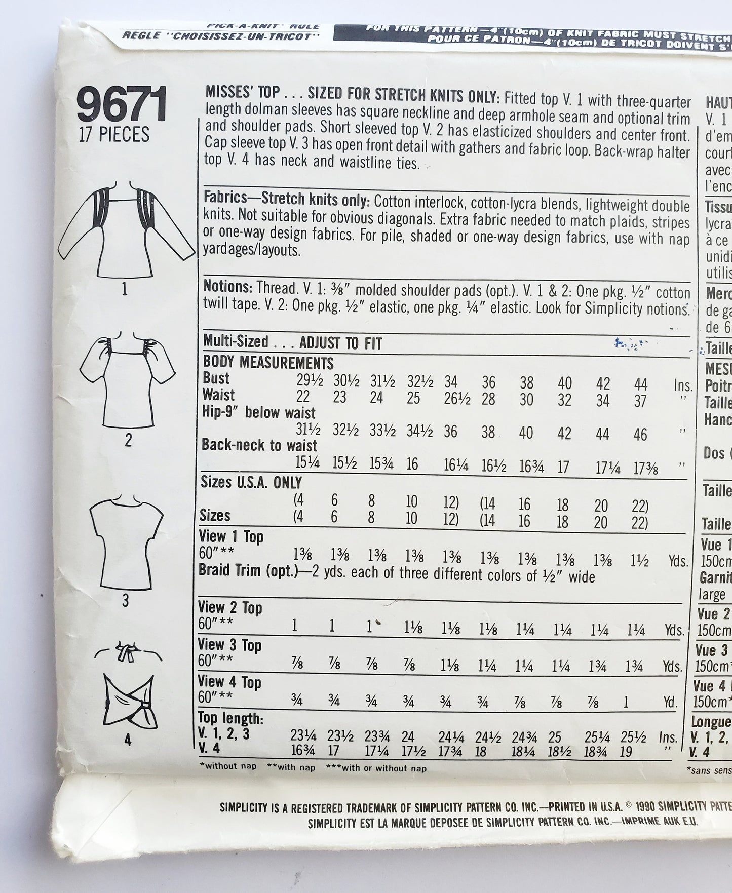 SIMPLICITY Sewing Pattern 9671, Top, Dolman Sleeves, Square Neckline, Cap Sleeves, Elasticized Shoulders, Waistline Ties, Size 14-22