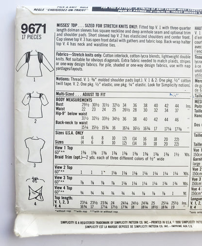 SIMPLICITY Sewing Pattern 9671, Top, Dolman Sleeves, Square Neckline, Cap Sleeves, Elasticized Shoulders, Waistline Ties, Size 14-22
