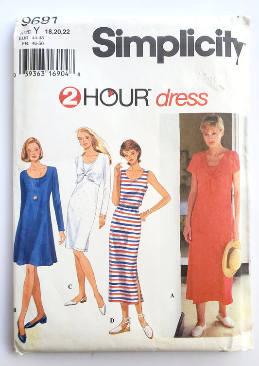 SIMPLICITY Sewing Pattern 9681, 2 Hour Dress, Knit Dresses, Tie Front, Side Slit,  Size 18-22