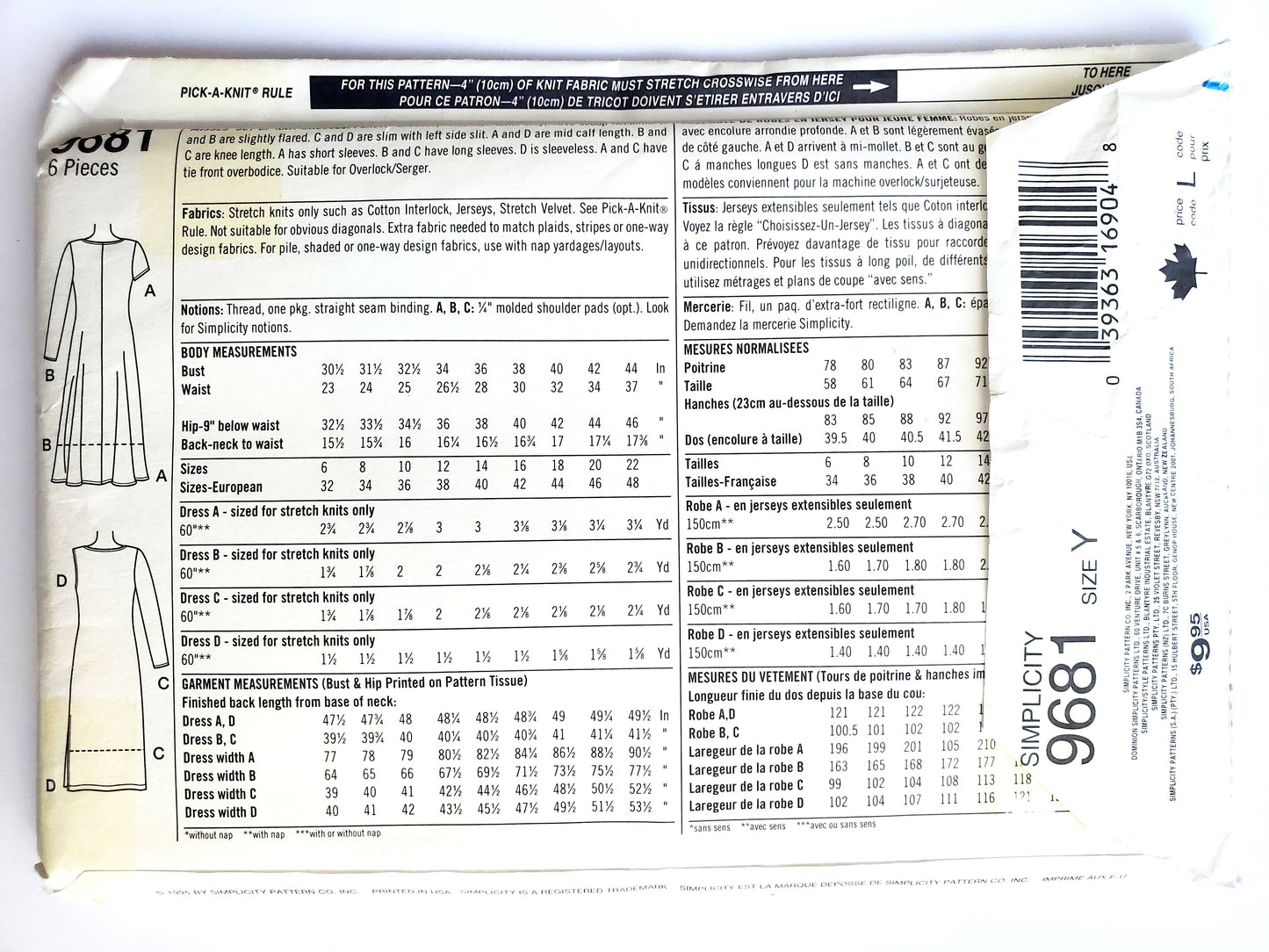 SIMPLICITY Sewing Pattern 9681, 2 Hour Dress, Knit Dresses, Tie Front, Side Slit,  Size 18-22