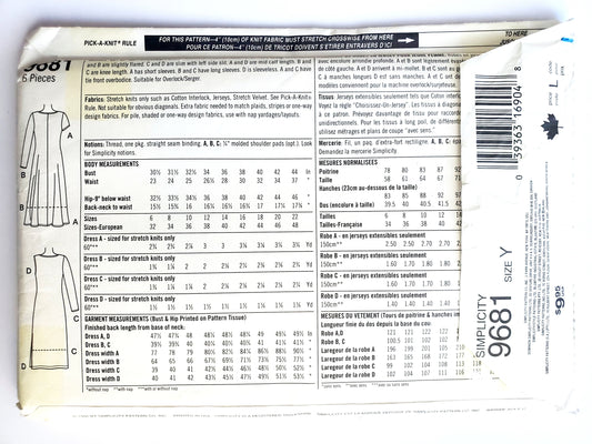SIMPLICITY Sewing Pattern 9681, 2 Hour Dress, Knit Dresses, Tie Front, Side Slit,  Size 18-22