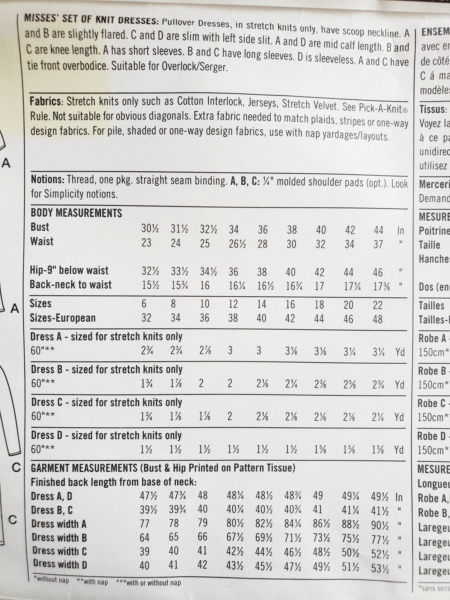SIMPLICITY Sewing Pattern 9681, 2 Hour Dress, Knit Dresses, Tie Front, Side Slit,  Size 18-22
