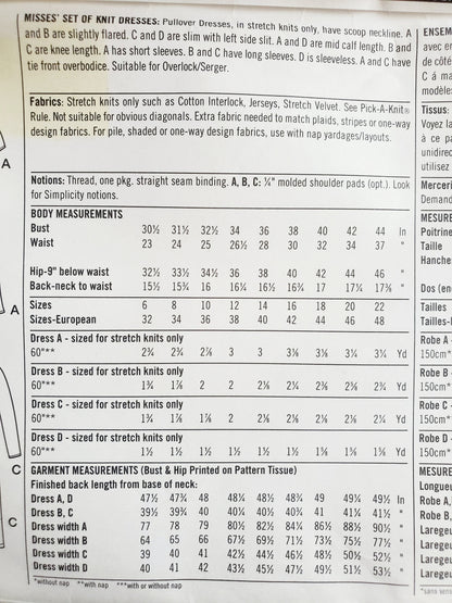 SIMPLICITY Sewing Pattern 9681, 2 Hour Dress, Knit Dresses, Tie Front, Side Slit,  Size 18-22