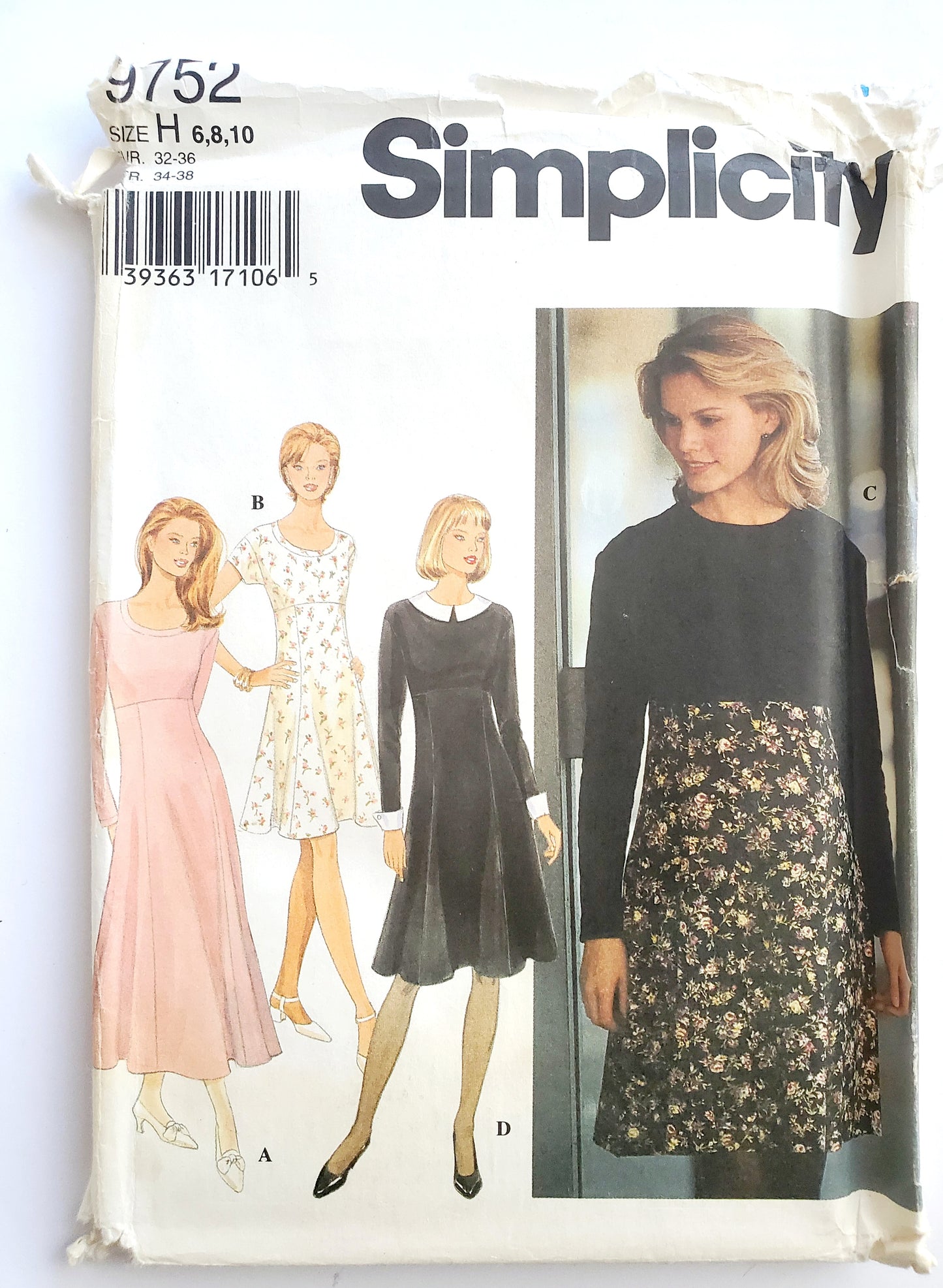 SIMPLICITY Sewing Pattern 9752, 90'S Petite Dress, Flared, Six Gore Skirt, Raised Waistline, Cap Sleeves, Size 6-10