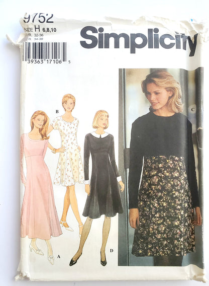 SIMPLICITY Sewing Pattern 9752, 90'S Petite Dress, Flared, Six Gore Skirt, Raised Waistline, Cap Sleeves, Size 6-10