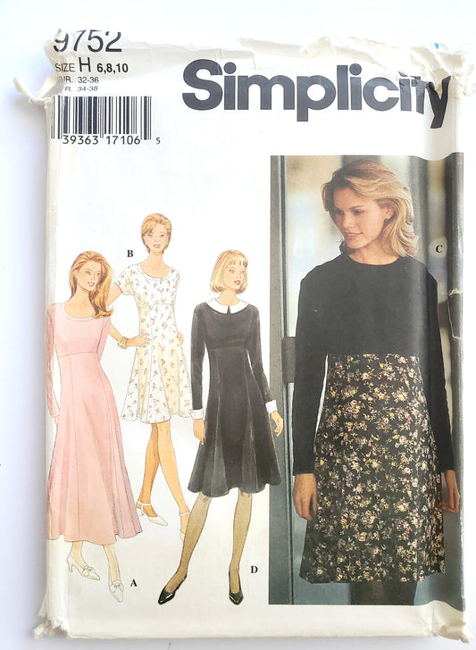 SIMPLICITY Sewing Pattern 9752, 90'S Petite Dress, Flared, Six Gore Skirt, Raised Waistline, Cap Sleeves, Size 6-10