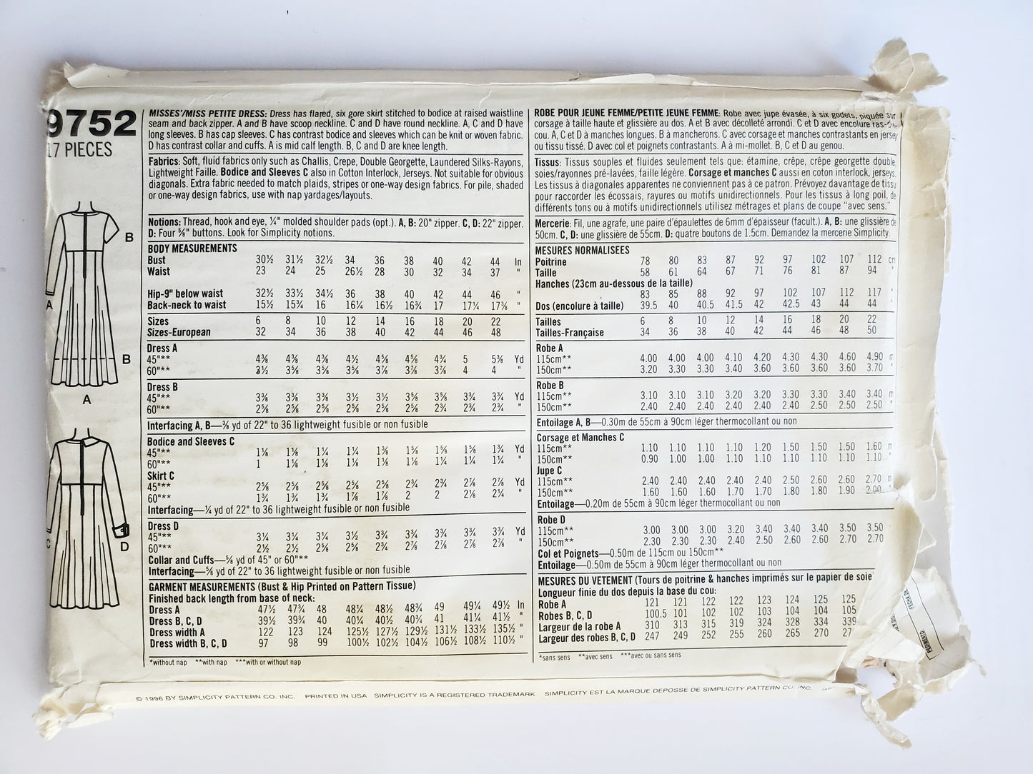 SIMPLICITY Sewing Pattern 9752, 90'S Petite Dress, Flared, Six Gore Skirt, Raised Waistline, Cap Sleeves, Size 6-10