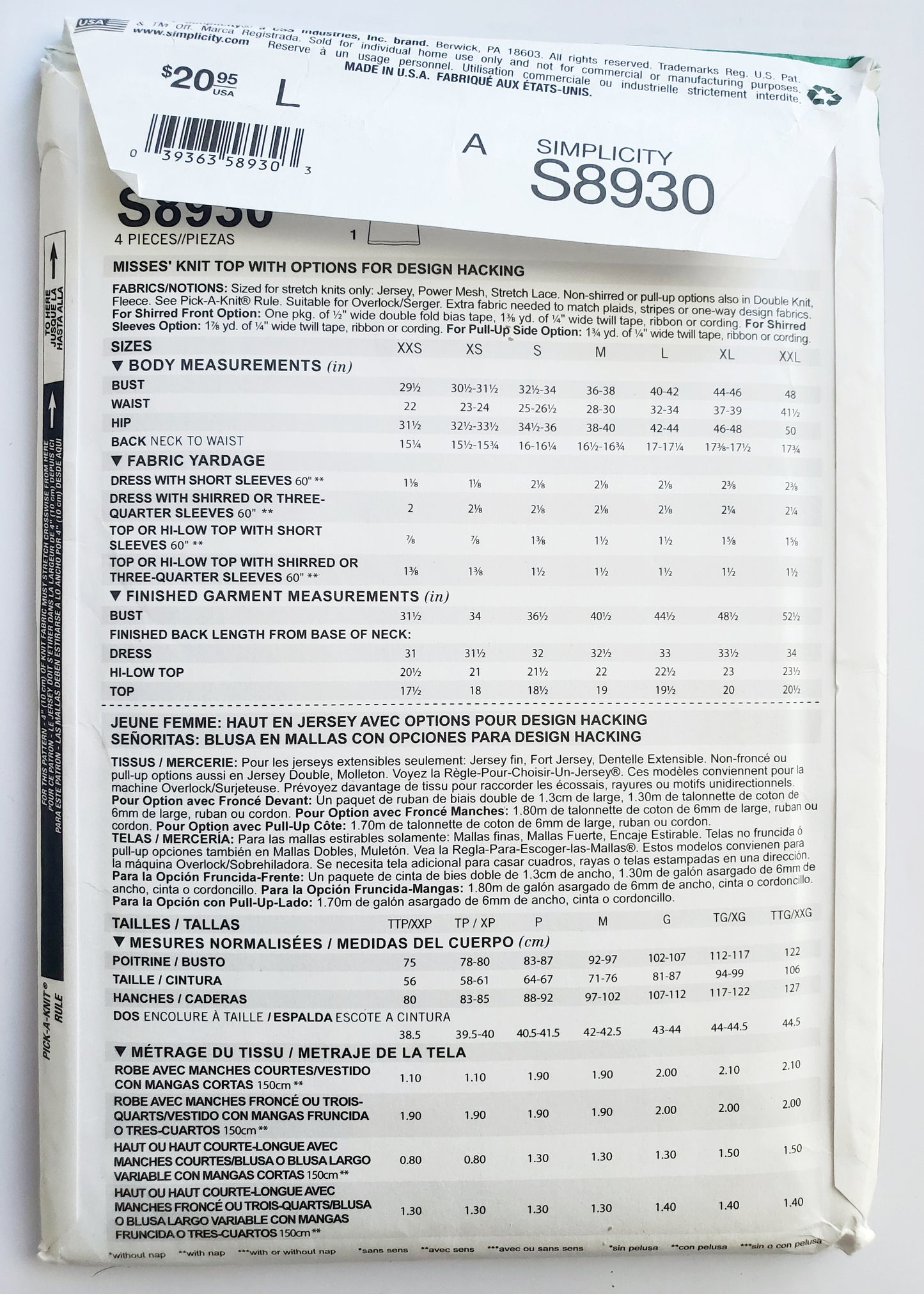 SIMPLICITY Sewing Pattern S8930, Pattern Hacking, Knit Top, Customize, Size XXS-XXL