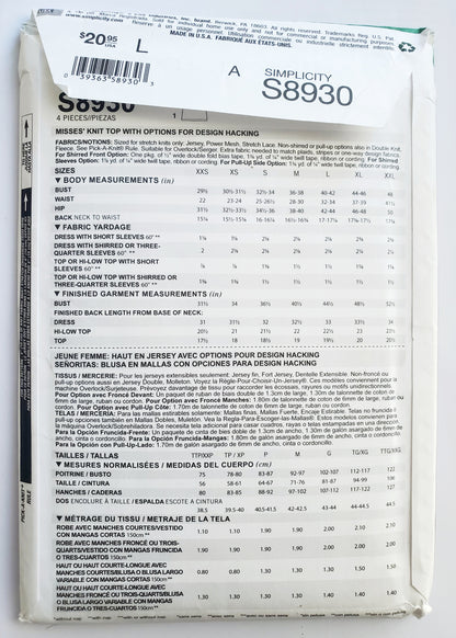 SIMPLICITY Sewing Pattern S8930, Pattern Hacking, Knit Top, Customize, Size XXS-XXL