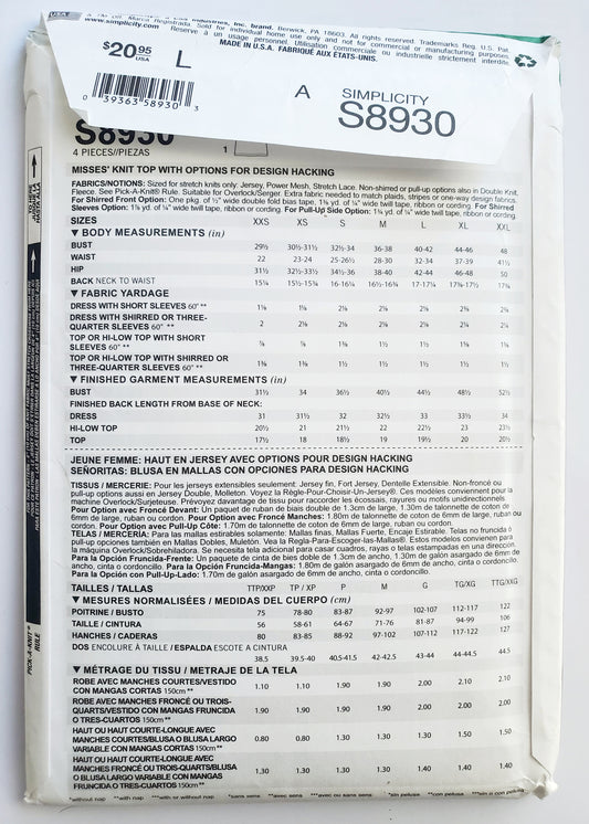 SIMPLICITY Sewing Pattern S8930, Pattern Hacking, Knit Top, Customize, Size XXS-XXL