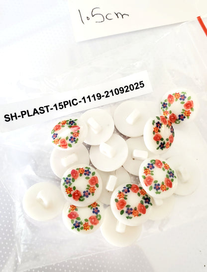 Shank Buttons, Floral, Round, Orange, Purple, Green, Size 1.5cm, 15mm, Plastic, QTY 17
