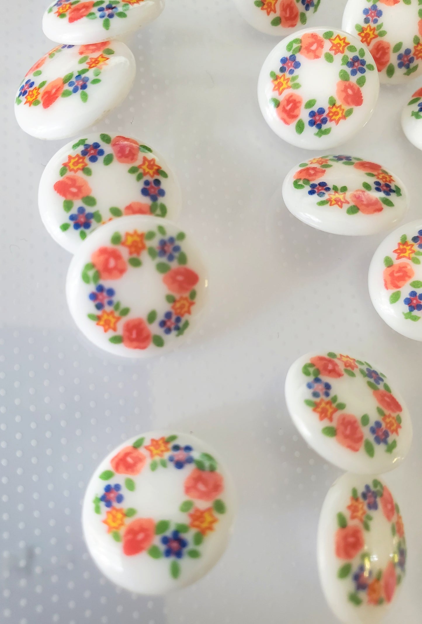 Shank Buttons, Floral, Round, Orange, Purple, Green, Size 1.5cm, 15mm, Plastic, QTY 17