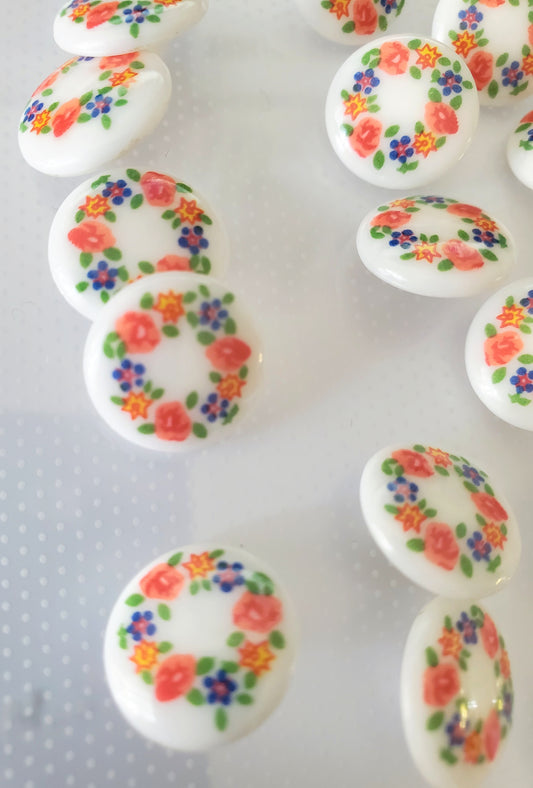 Shank Buttons, Floral, Round, Orange, Purple, Green, Size 1.5cm, 15mm, Plastic, QTY 17
