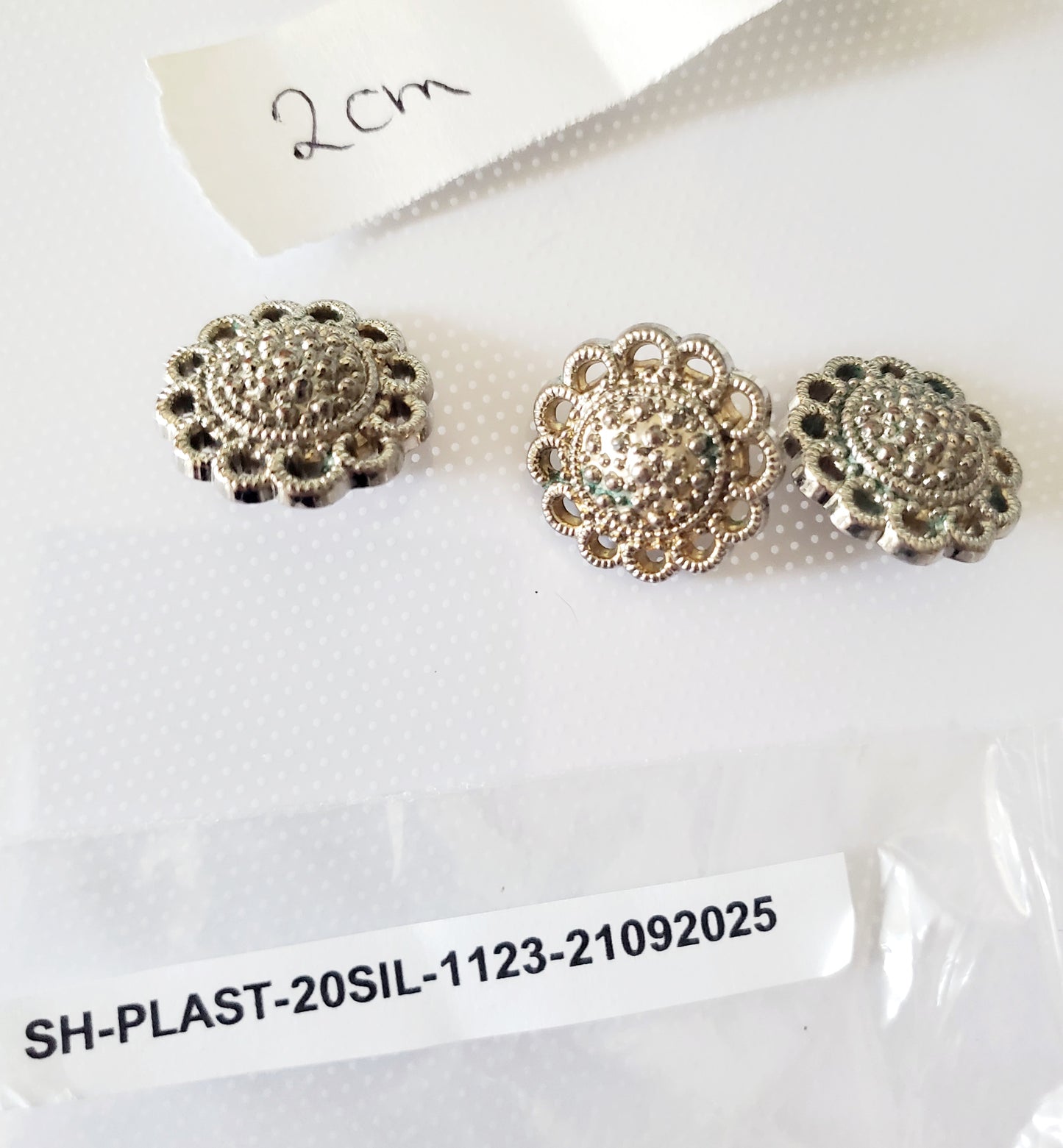 Silver Colour Raised Flower Shank Buttons, Round, Size 20mm 2cm Plastic QTY 3