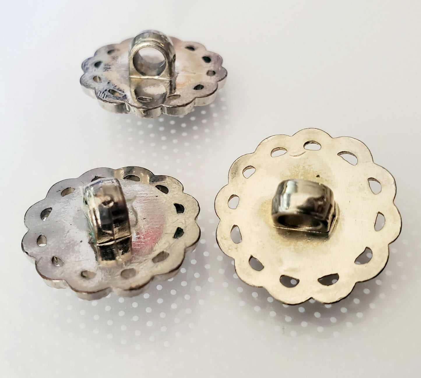 Silver Colour Raised Flower Shank Buttons, Round, Size 20mm 2cm Plastic QTY 3