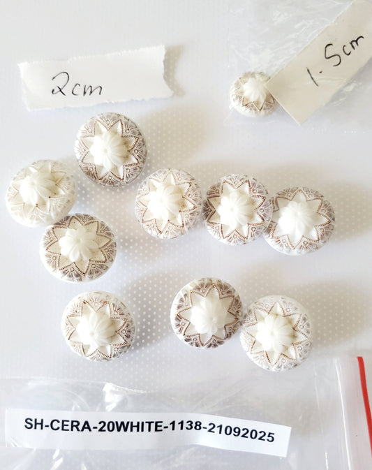 Vintage White Porcelain Shank Buttons with, Copper Colour Details and Raised Shape, Size 20mm, 2cm (QTY 9) Size 1.5cm, 15mm (QTY 1)