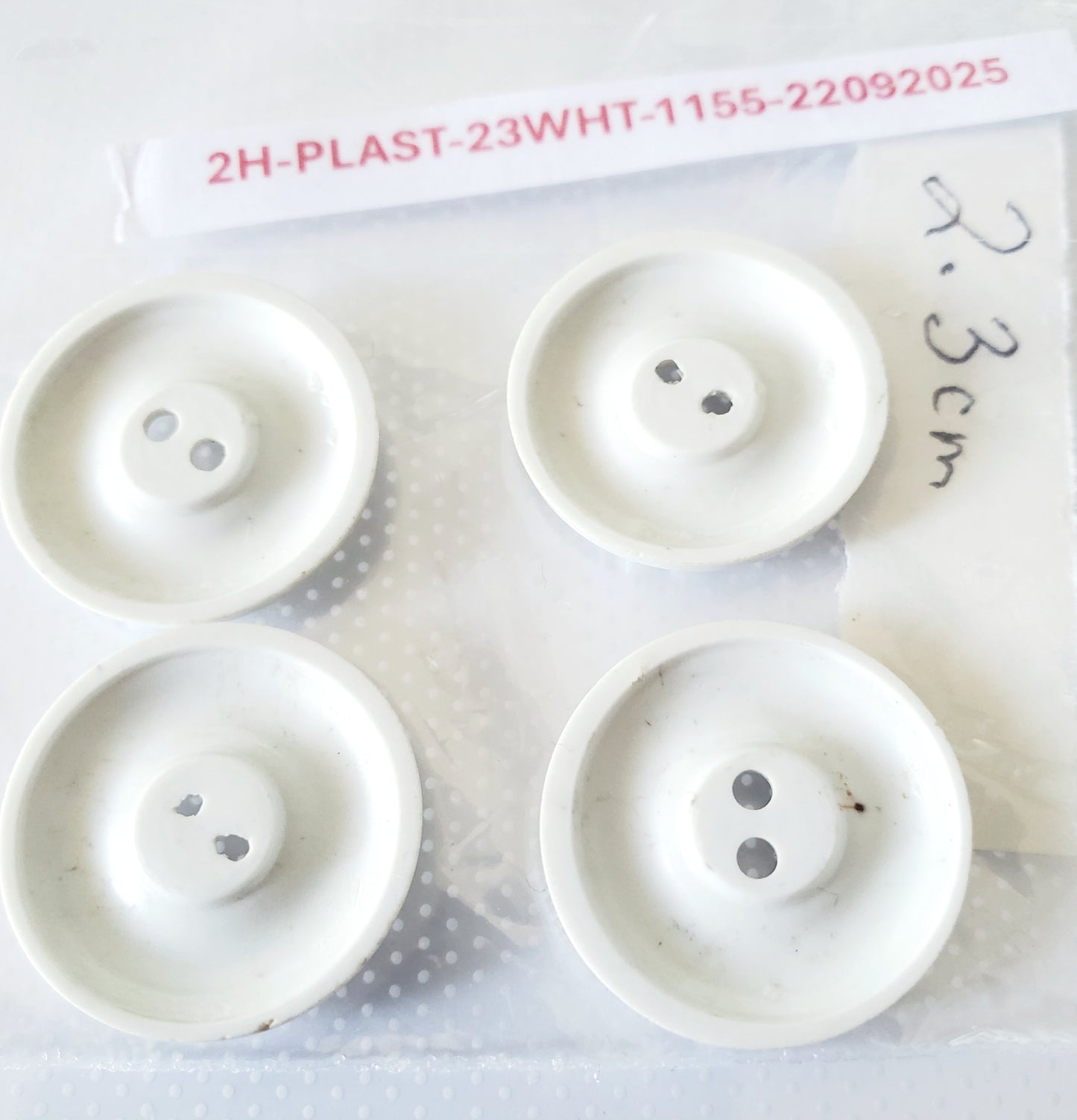 White Round 2-Holed Buttons, Size 23mm, 2.3cm, Plastic QTY 4