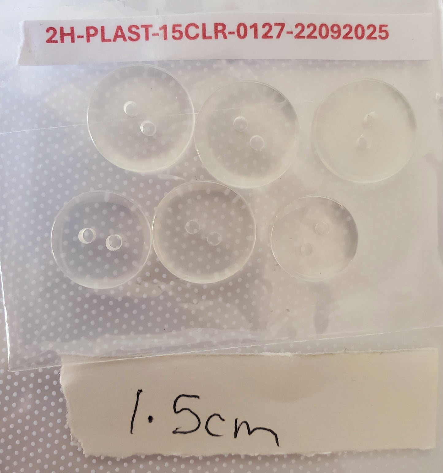 Clear Round 2-Holed Buttons, Size 15mm, 1.5cm (x5), 1.4cm (x1) Plastic, QTY 6
