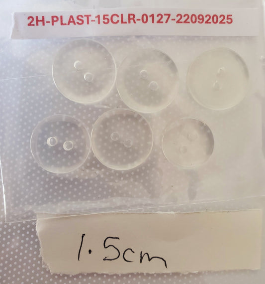 Clear Round 2-Holed Buttons, Size 15mm, 1.5cm (x5), 1.4cm (x1) Plastic, QTY 6