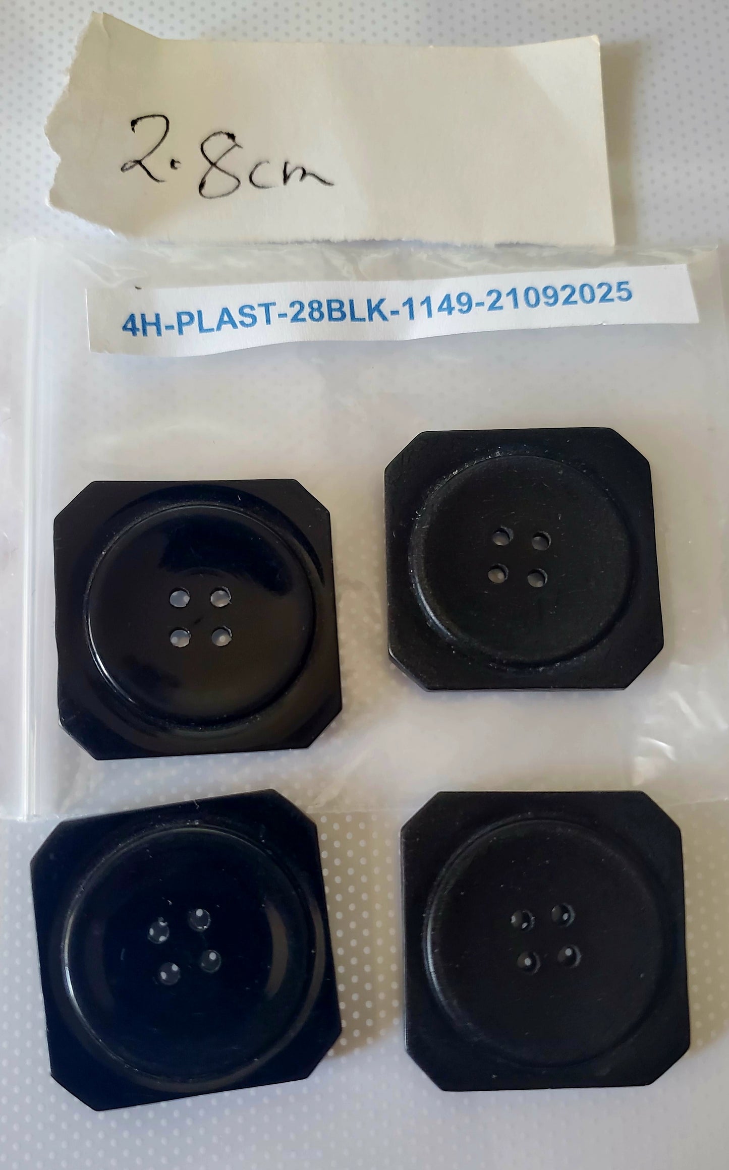 Large Black Square Vintage 4-Holed Buttons, Size 28mm, 2.8cm, Plastic, ?, QTY 4