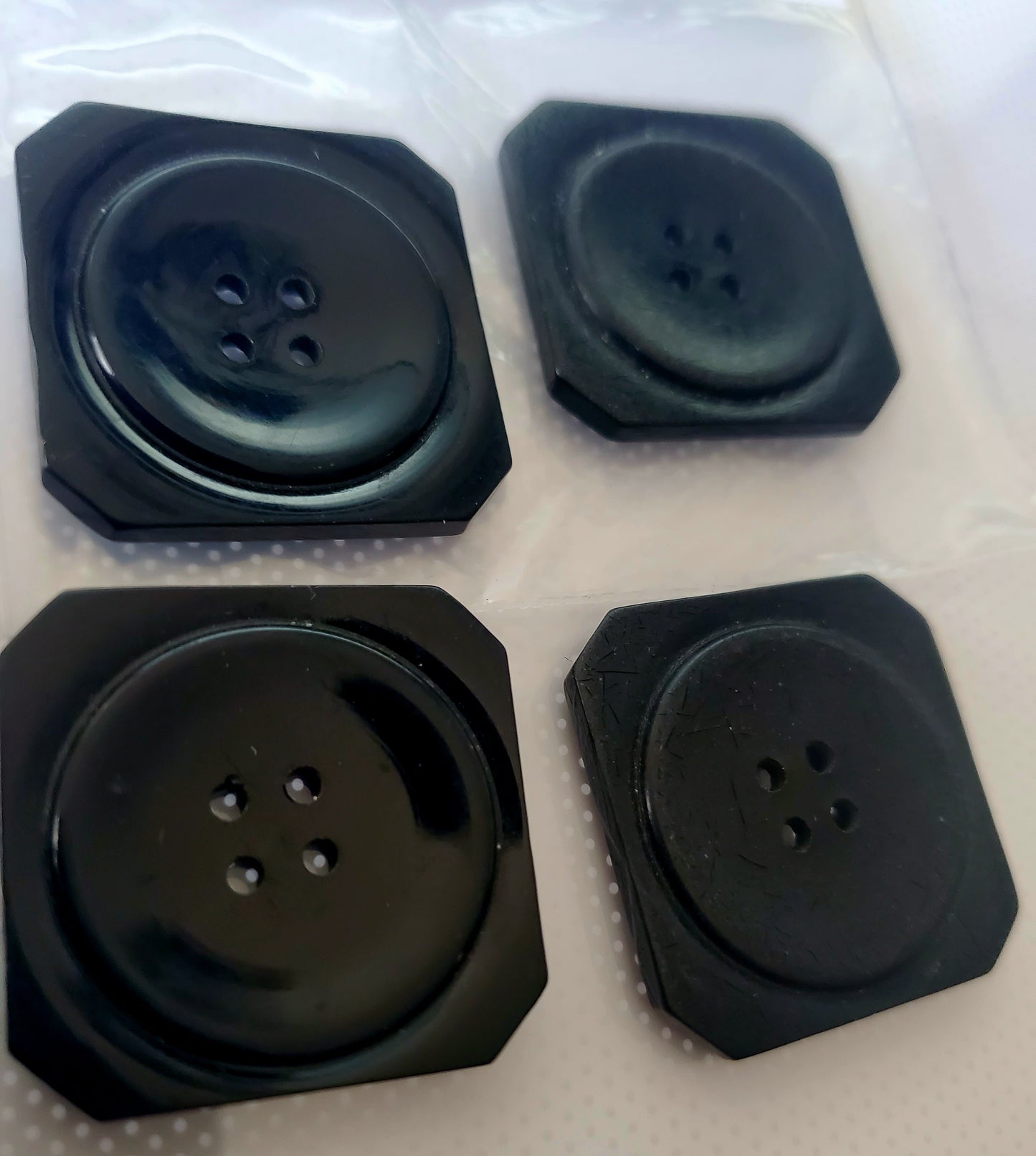 Large Black Square Vintage 4-Holed Buttons, Size 28mm, 2.8cm, Plastic, ?, QTY 4