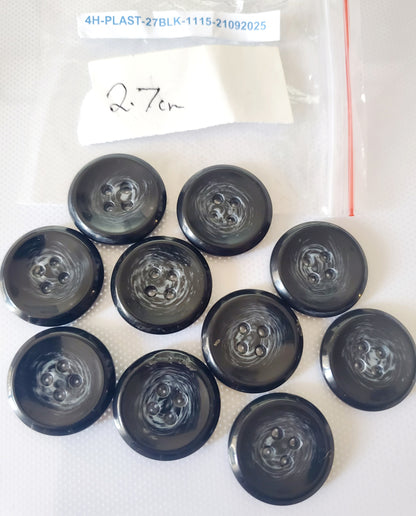 Black Round 4-Holed Buttons, Grey Swirls, Size 27mm, 2.7cm, Plastic QTY 10