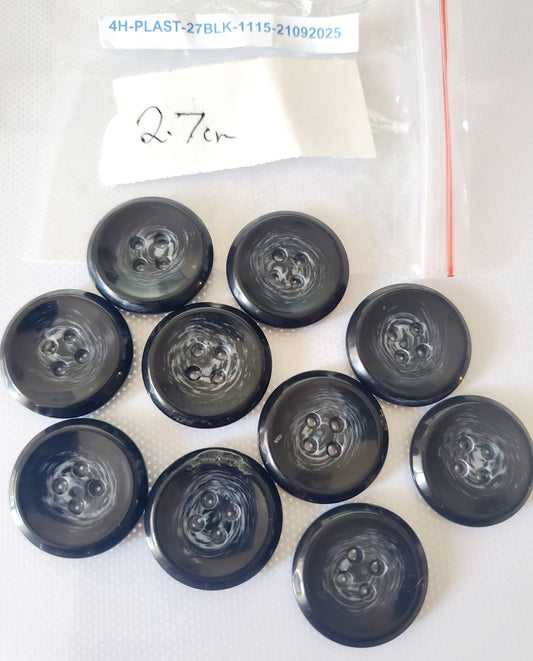 Black Round 4-Holed Buttons, Grey Swirls, Size 27mm, 2.7cm, Plastic QTY 10