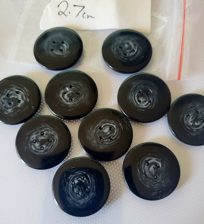 Black Round 4-Holed Buttons, Grey Swirls, Size 27mm, 2.7cm, Plastic QTY 10