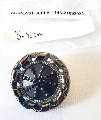 One Large Plastic Decorative Detailed Shank Buttons, Black with Faux Metal Border, Round, Size 38mm 3.8cm QTY 1