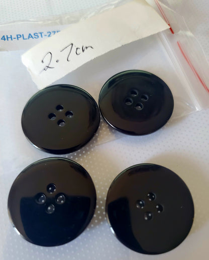 Large Black Raised Round 4-Holed Buttons, Size 27mm, 2.7cm, Plastic QTY 4