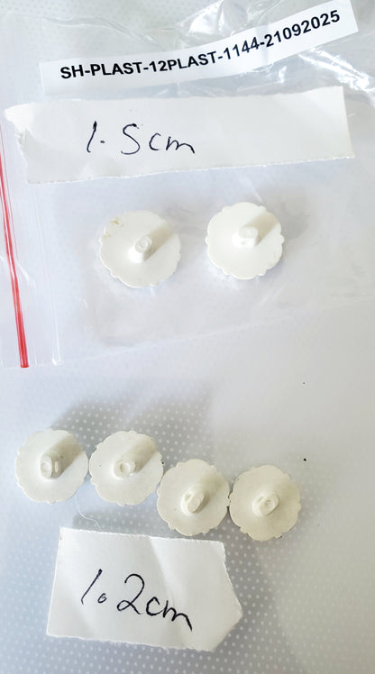White Romantic Style Shank Buttons, Round, Size 15mm 1.5cm (QTYx2) & 12mm 1.2cm (QTYx3), Plastic