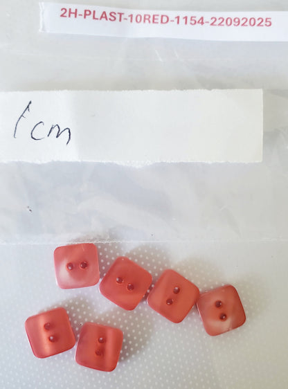 Square Hot Red, 2-Holed Buttons, Size 10mm, 1cm, Plastic, QTY 6