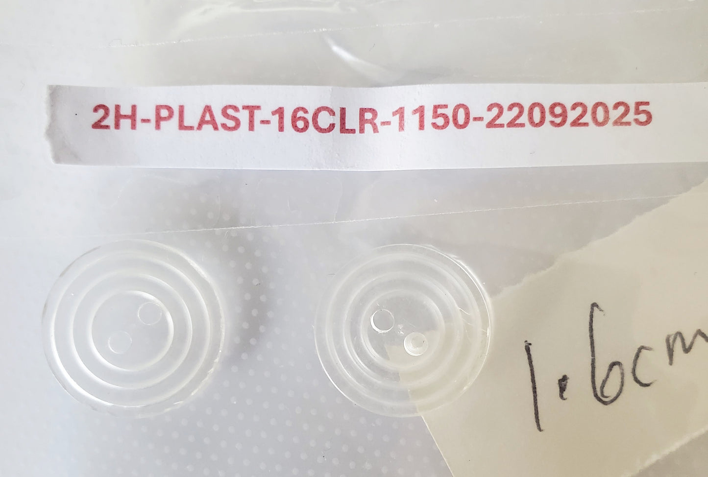 Clear Round 2-Holed Sewing Buttons, Size 16mm, 1.6cm, Plastic QTY 2