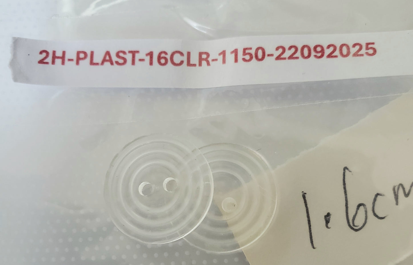 Clear Round 2-Holed Sewing Buttons, Size 16mm, 1.6cm, Plastic QTY 2
