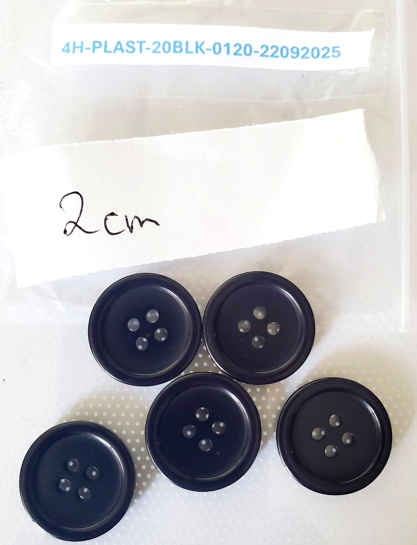 Black Round 4-Holed Buttons with Raised Edge, Size 20mm 2cm, Plastic QTY 5