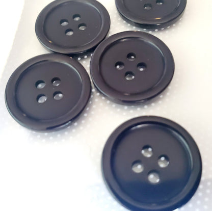 Black Round 4-Holed Buttons with Raised Edge, Size 20mm 2cm, Plastic QTY 5
