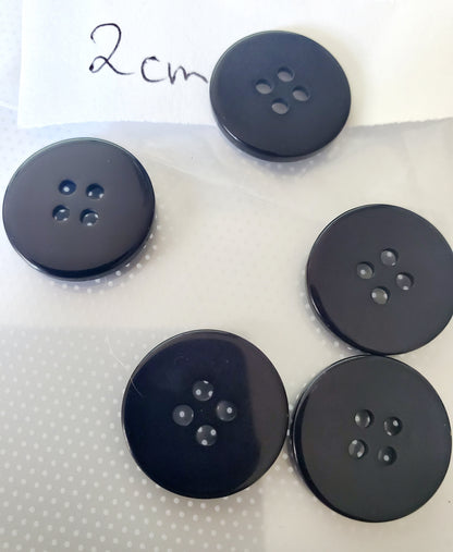 Black Round 4-Holed Buttons with Raised Edge, Size 20mm 2cm, Plastic QTY 5