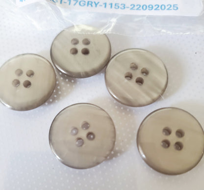 Light Brown 4-Holed Buttons with a Slight Pearlescent Style, Round, Size 17mm, 1.7cm, Plastic QTY 5