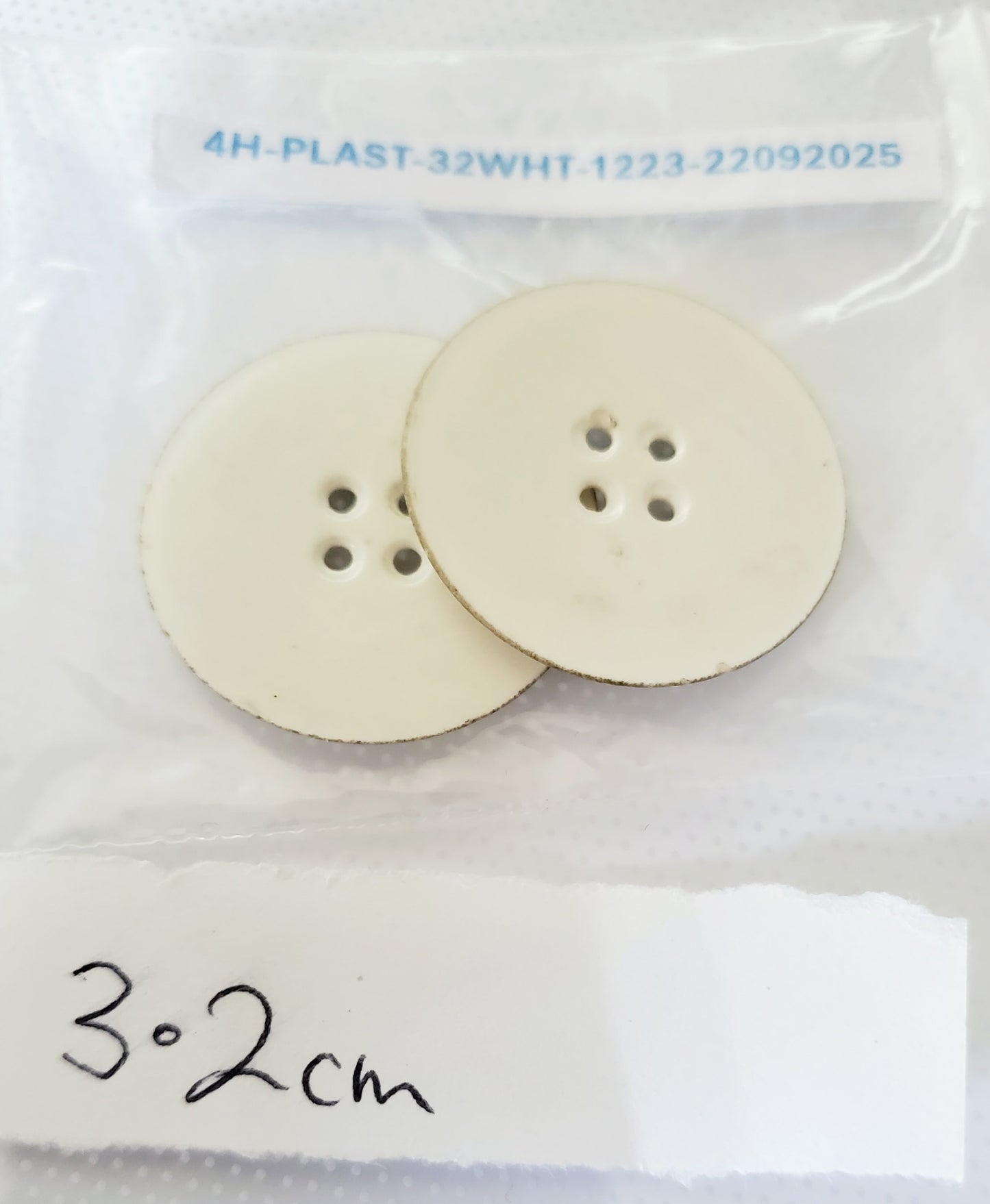 Large White Vintage 4-Holed Buttons, Round, Size 32mm 3.2cm, Vintage Plastic, QTY 2